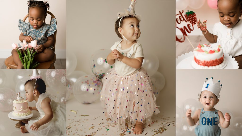 many babies at age one for their first birthday cake smash photo session